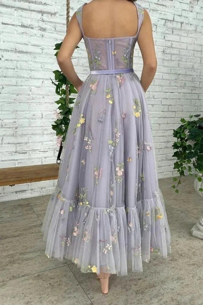 Chic Sleeveless A Line Ankle Length Tulle Prom Dresses by Ombreprom