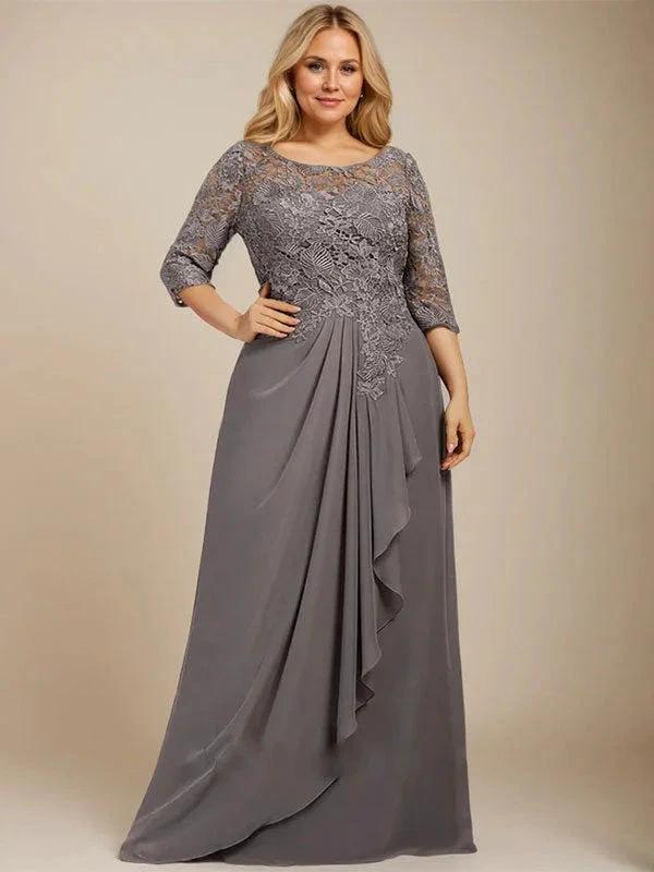 A-line Scoop Illusion Floor-Length Lace Chiffon Mother of the Bride Dress With Cascading Ruffles by Dreamylily