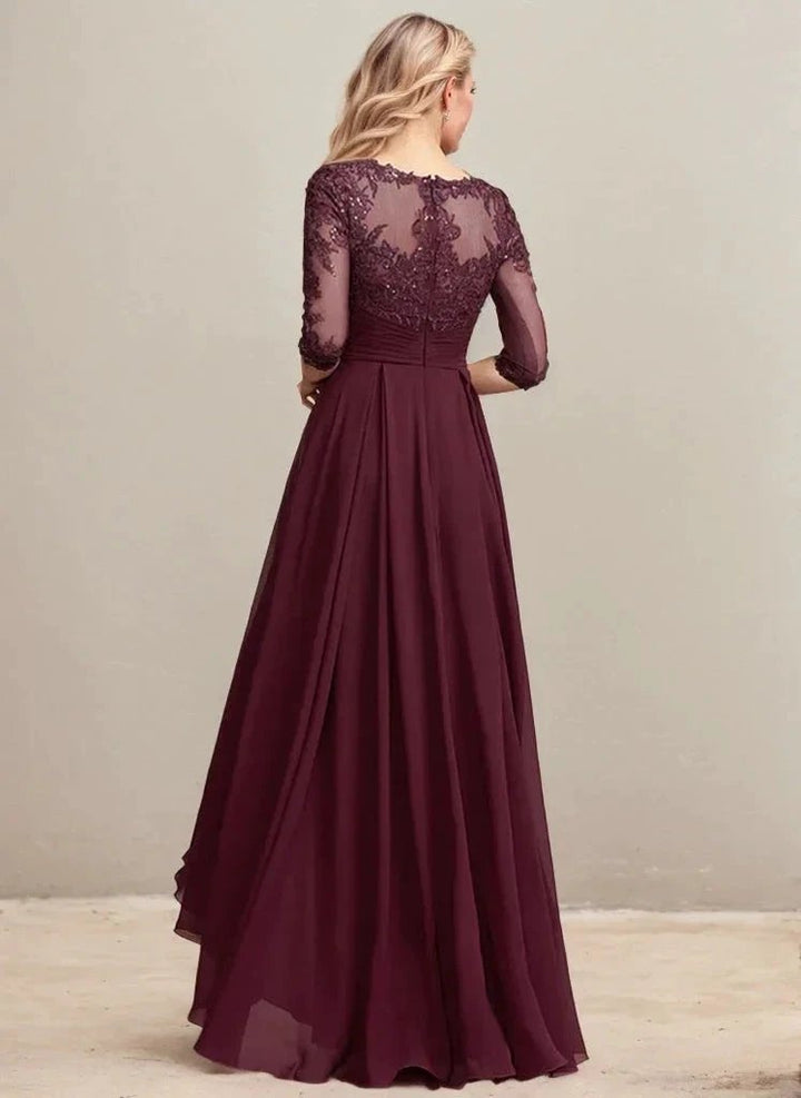 A-line Scoop Illusion Asymmetrical Lace Chiffon Mother of the Bride Dress With Pleated Sequins by Dreamylily