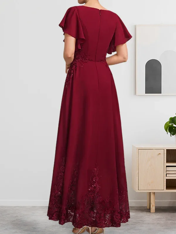 Abito da madre della sposa in chiffon di pizzo con scollo a U, lunghezza alla caviglia, linea a trapezio, con paillettes