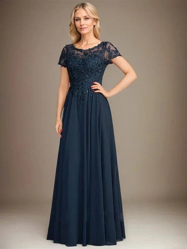 A-Line Scoop Floor-Length Chiffon Mother of the Bride Dress With Applique &amp; Sequins by Dreamylily