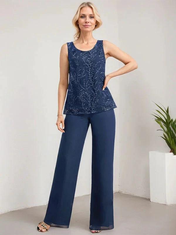 Separates Jumpsuit/Pantsuit Scoop Floor-Length Lace Chiffon Mother of the Bride Dress With Sequins by Dreamylily