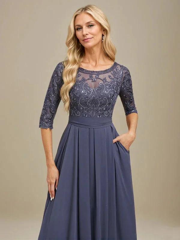 A-Line Scoop Floor-Length Lace Chiffon Mother Of the Bride Dress With Sequins Applique by Dreamylily
