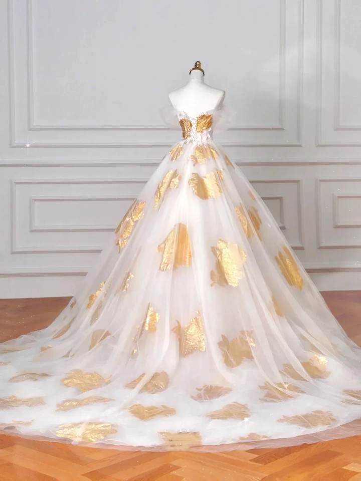 Gorgeous Gold Print Tulle Off The Shoulder Ball Gown A Line Prom Dress Evening Dress Y8618 by simplepromdress