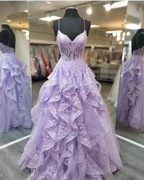 Spaghetti Straps Lilac Prom Dresses Evening Gowns with Sheer Bodice Y881 by simplepromdress