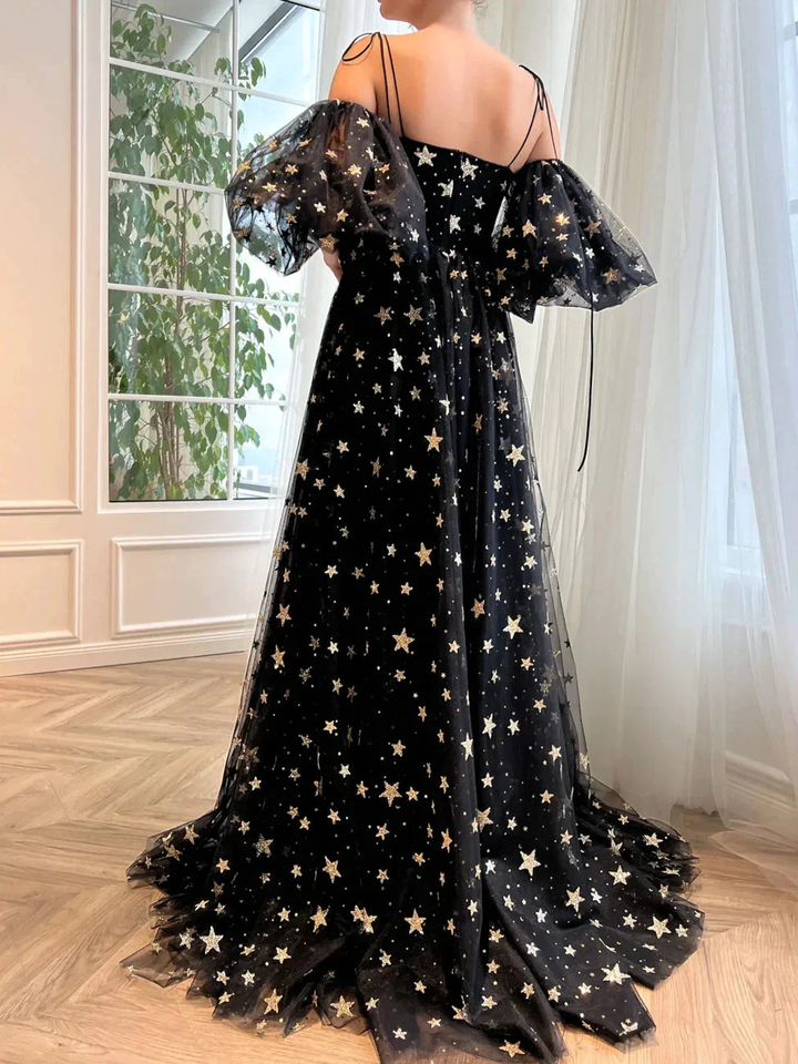 A-Line Tulle Black Long Prom Dress, Black Tulle Formal Evening Dress Y248 by simplepromdress