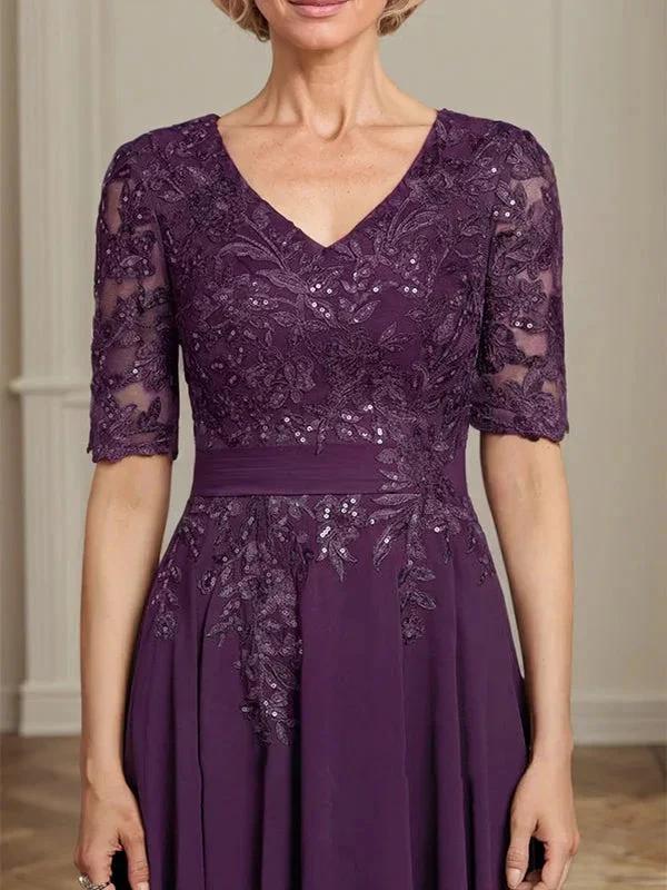 A-line V-Neck Tea-Length Lace Chiffon Mother of the Bride Dress With Sequins by Dreamylily