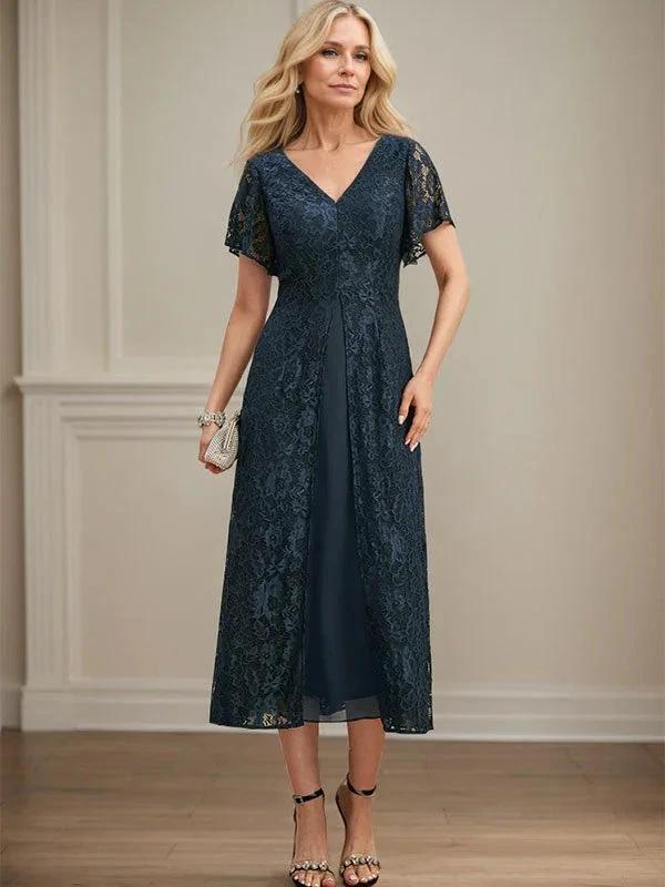 A-line V-Neck Tea-Length Lace Chiffon Mother of the Bride Dress by Dreamylily