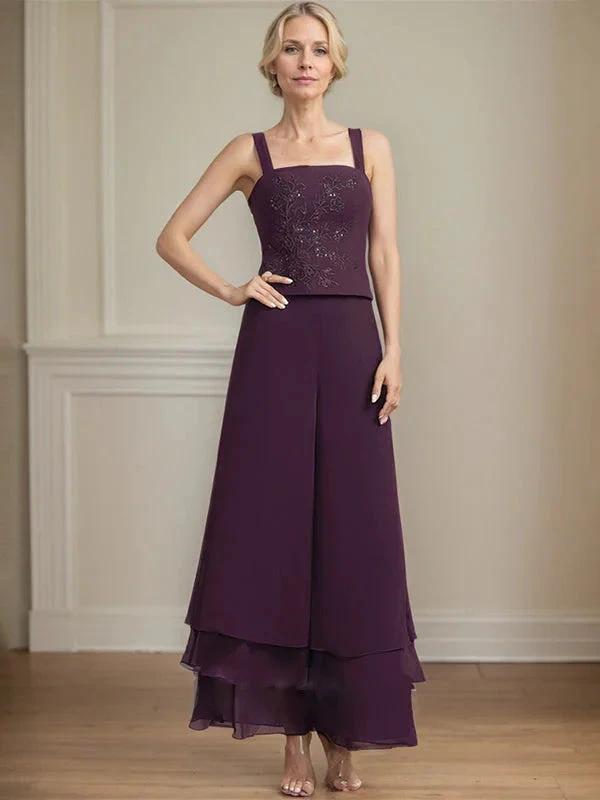 Separates Jumpsuit/Pantsuit Square Ankle-Length Lace Chiffon Mother of the Bride Dress With Sequins by Dreamylily