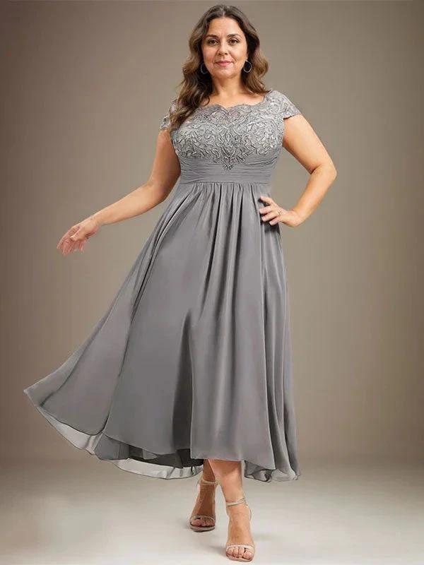 A-line Scoop Illusion Asymmetrical Lace Chiffon Mother of the Bride Dress With Pleated by Dreamylily