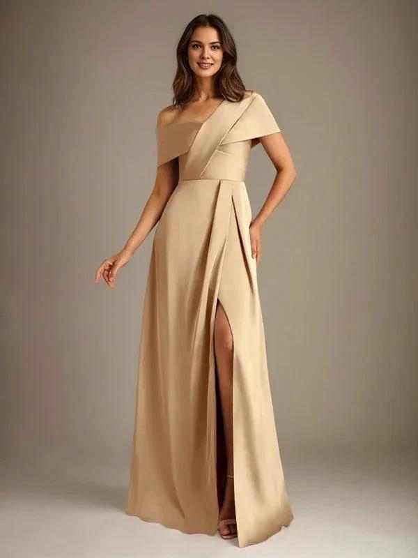 A-Line Asymmetrical Neckline Floor-Length Satin Mother of the Bride Dress With Pleated by Dreamylily