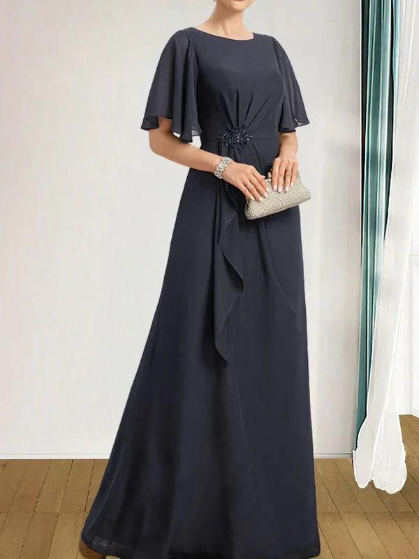 A-line Scoop Floor-Length Chiffon Mother of the Bride Dress With Cascading Ruffles Beading Sequins by Dreamylily