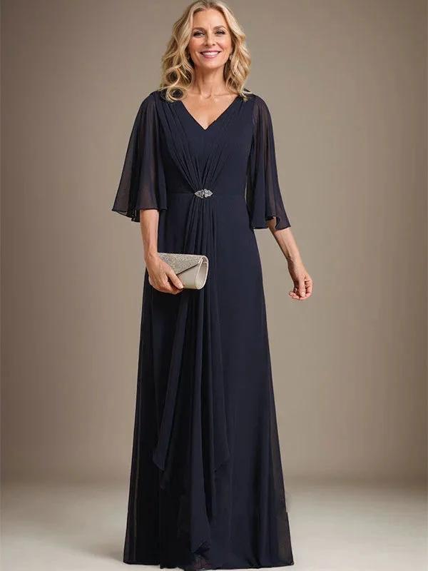 A-line V-Neck Floor-Length Chiffon Mother of the Bride Dress With Cascading Ruffles Crystal Brooch by Dreamylily