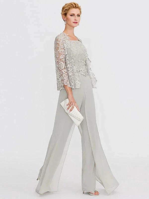 3 Piece Chiffon Square Neck Mother of the Bride Pantsuits with Jacket by Dreamylily