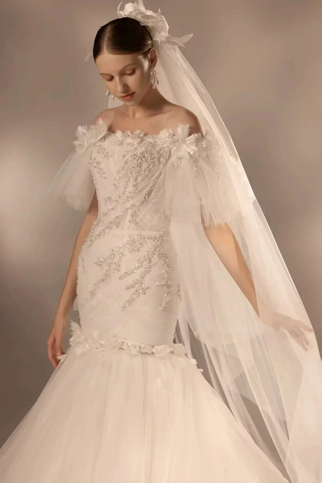 Ethereal Mermaid Off-the-Shoulder Tulle Wedding Dress with Beaded Embroidery &amp; 3D Floral Accents H011 by ZAPDRESS