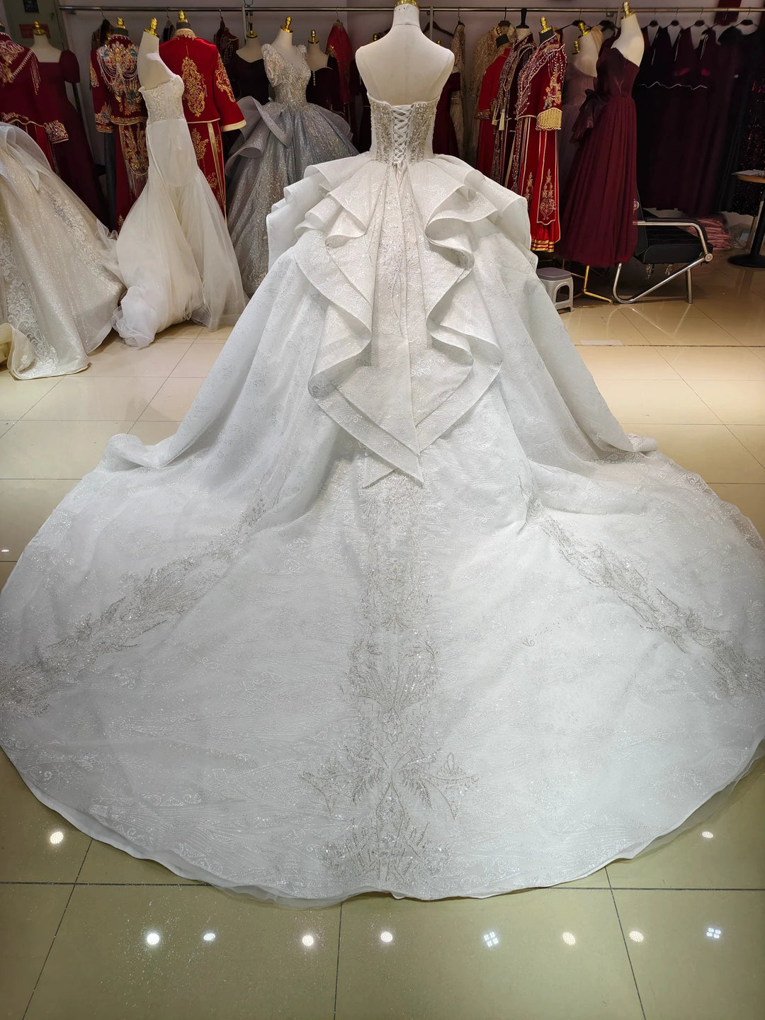 White Gleam Strapless Ballgown Beaded Bust &amp; Ruffled Train by ZAPDRESS