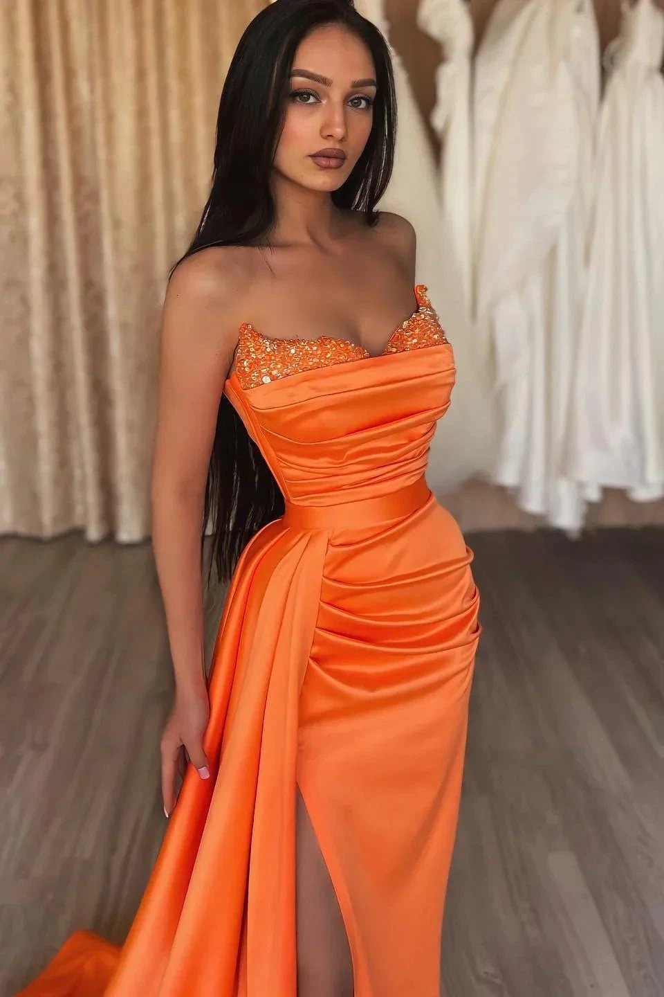 Orange Long Mermaid Strapless Ruffles Prom Dress with Split by BIZTUNNEL
