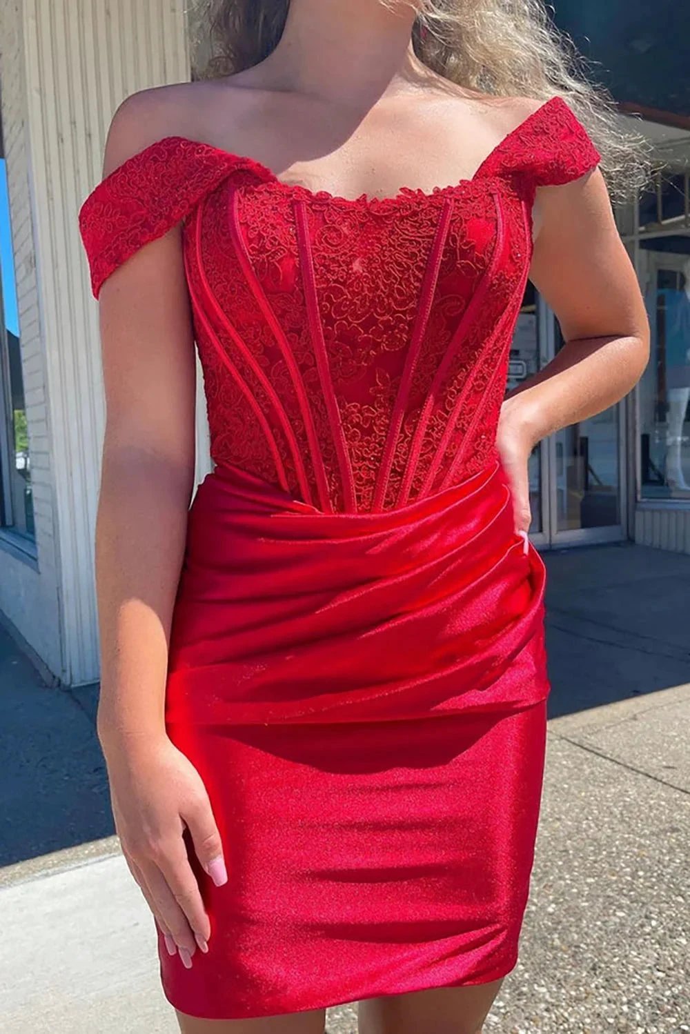 Cute Red Off the Shoulder Satin Homecoming Dresses with Lace by Ombreprom