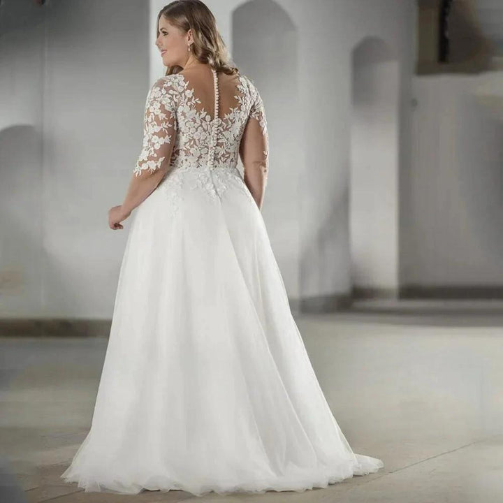 Elegant White V-neck Half Sleeve Bridal Gown Lace Applique Plus Size Floor-Length Wedding Dress for Women vestidos de novia by payinti