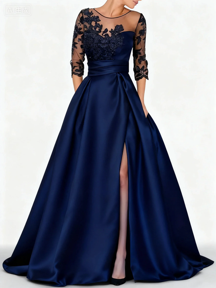 Elegant black satin embroidered formal dress by ZAPDRESS