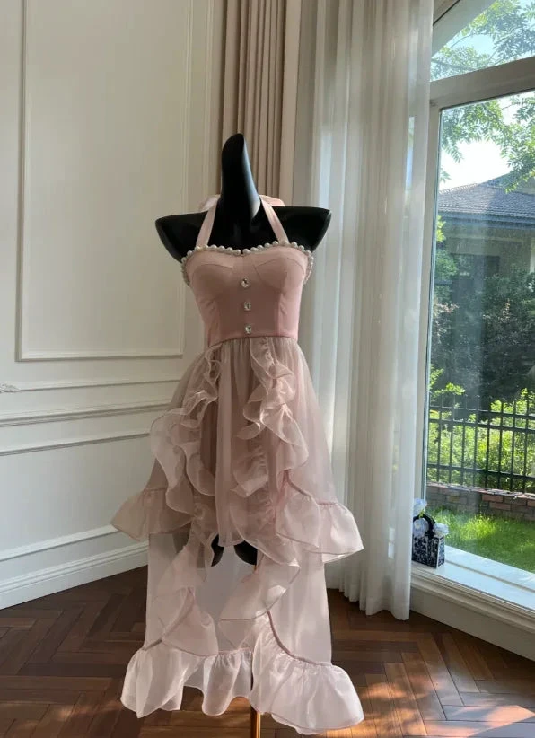 Simple Halter Pink Tulle Pearls Beaded High-Low Ruffles Homecoming Dress Party Dress Y8582 by simplepromdress