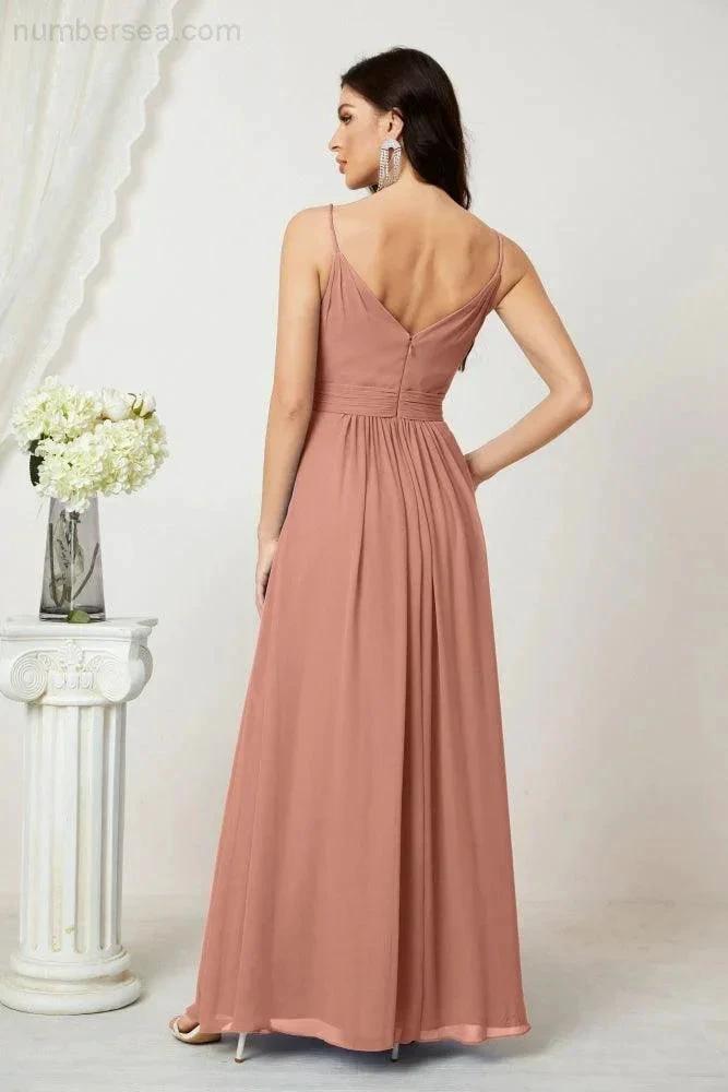 Numbersea Chiffon V-Neck Bridesmaid Dress Spaghetti Strap Long Formal Party Prom Gowns with Slit 28010 by numbersea