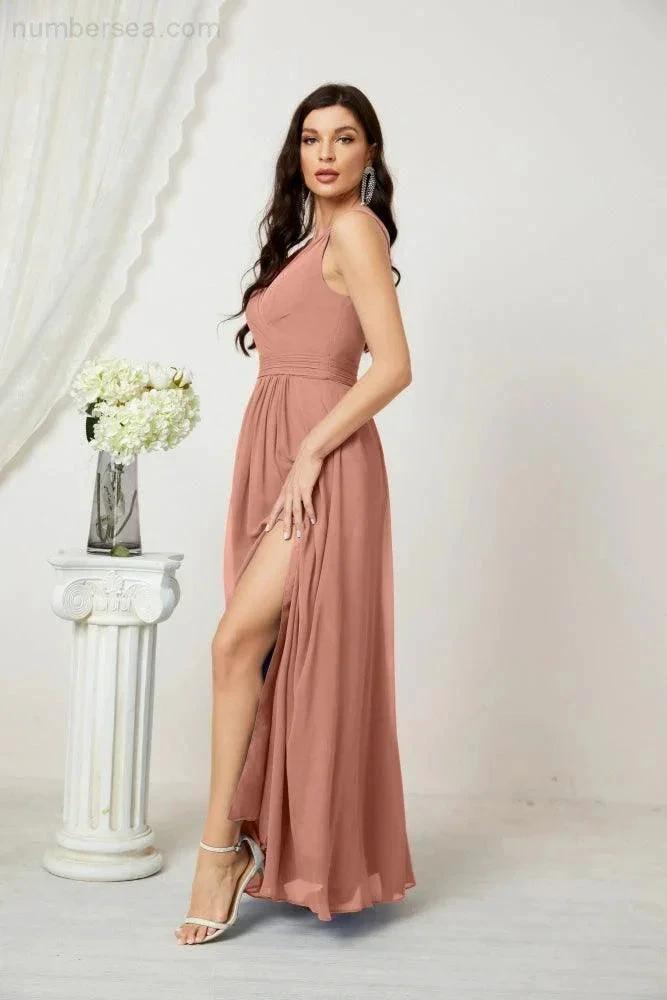 Numbersea Chiffon V-Neck Bridesmaid Dress Spaghetti Strap Long Formal Party Prom Gowns with Slit 28010 by numbersea