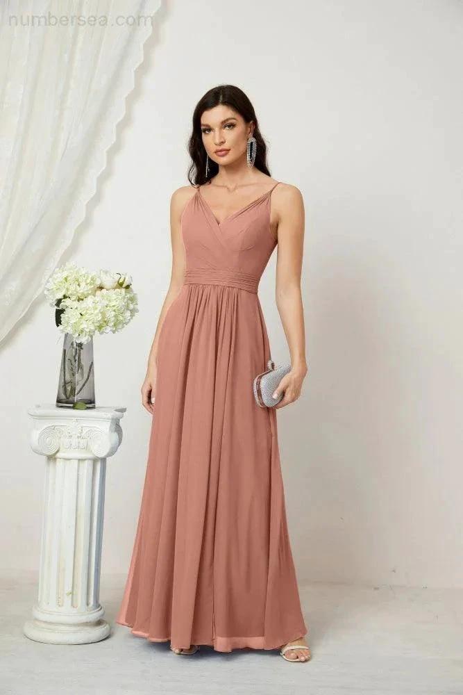 Numbersea Chiffon V-Neck Bridesmaid Dress Spaghetti Strap Long Formal Party Prom Gowns with Slit 28010 by numbersea