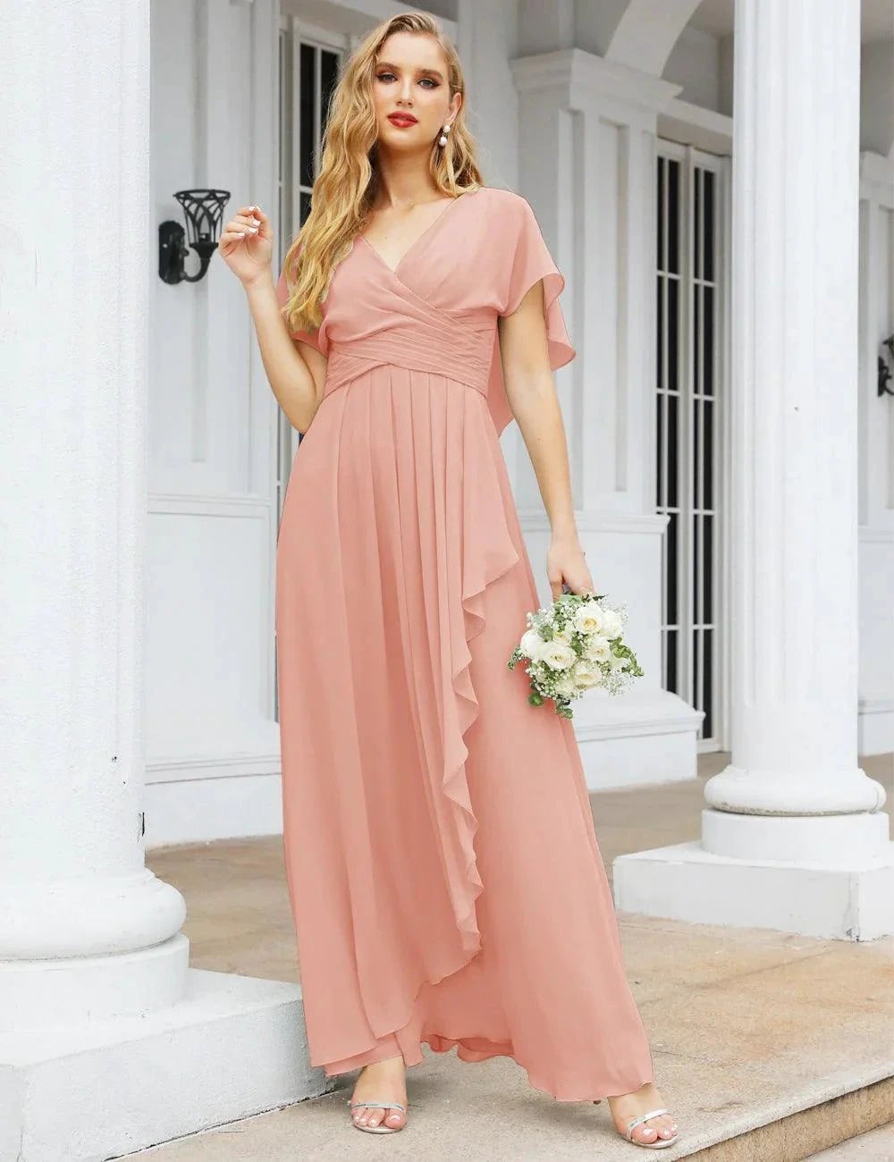 Numbersea Chiffon Bridesmaid Dresses Long Formal Evening Prom Mother of The Bride Dress with Flutter Sleeve SEA28040 by numbersea
