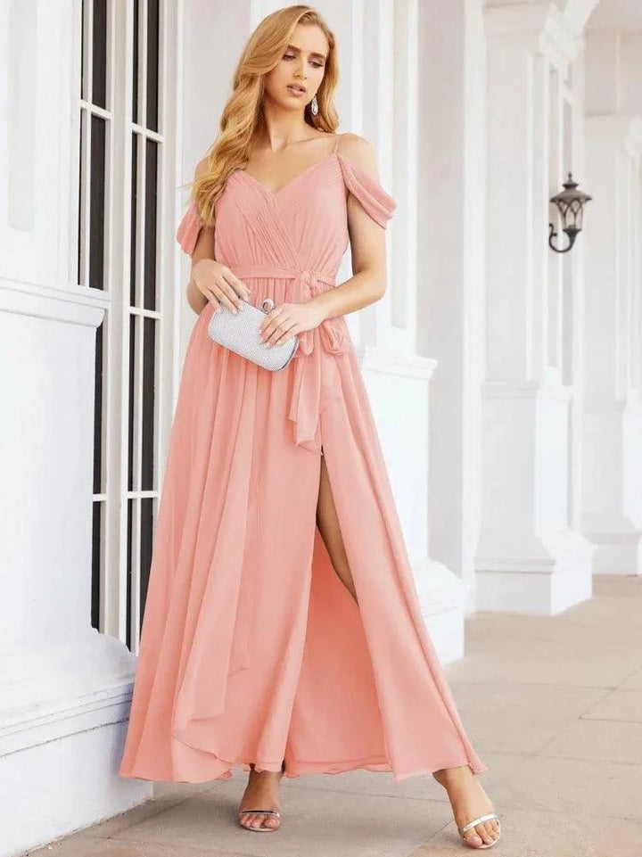 Numbersea Off The Shoulder Chiffon Bridesmaid Dress Long Formal Graduation Gown with Cowl Back 28069 by numbersea