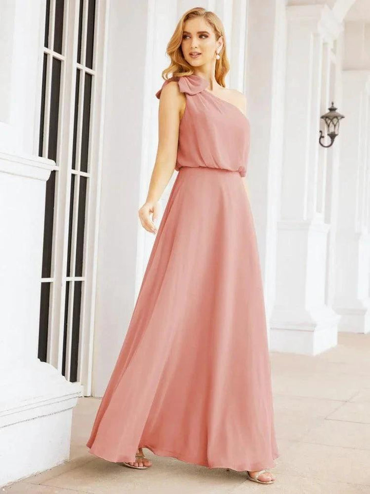 Numbersea Chiffon Ruffled One Shoulder Sleeveless Long Bride Dresses A-line Formal Evening Gown Side Split 28057 by numbersea