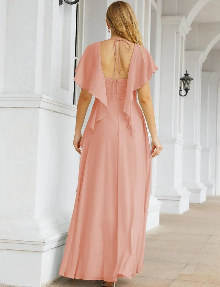 Numbersea Chiffon Bridesmaid Dresses Long Formal Evening Prom Mother of The Bride Dress with Flutter Sleeve SEA28040 by numbersea
