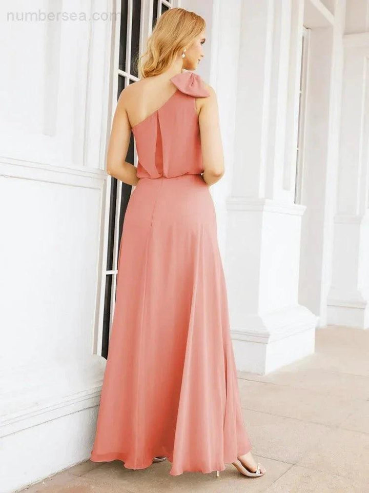 Numbersea Chiffon Ruffled One Shoulder Sleeveless Long Bride Dresses A-line Formal Evening Gown Side Split 28057 by numbersea