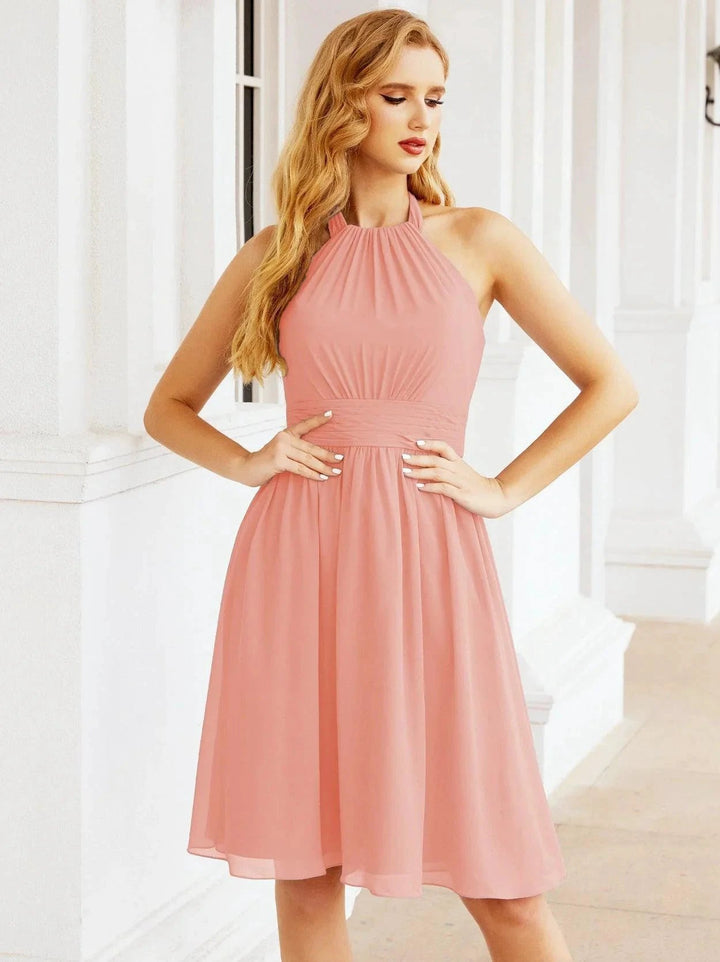 Numbersea Halter Chiffon Bridesmaid Dresses Short Sleeveless Formal Party Dress Open Back 28023 by numbersea