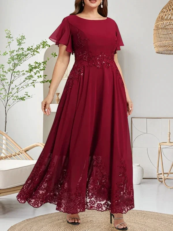 Abito da madre della sposa in chiffon di pizzo con scollo a U, lunghezza alla caviglia, linea a trapezio, con paillettes