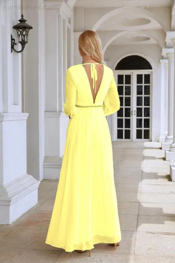 Ladies V Neck Chiffon Long Sleeve Front Slit Bridesmaid Evening Dress Wedding Party Shopping Evening Dress 28109 by numbersea