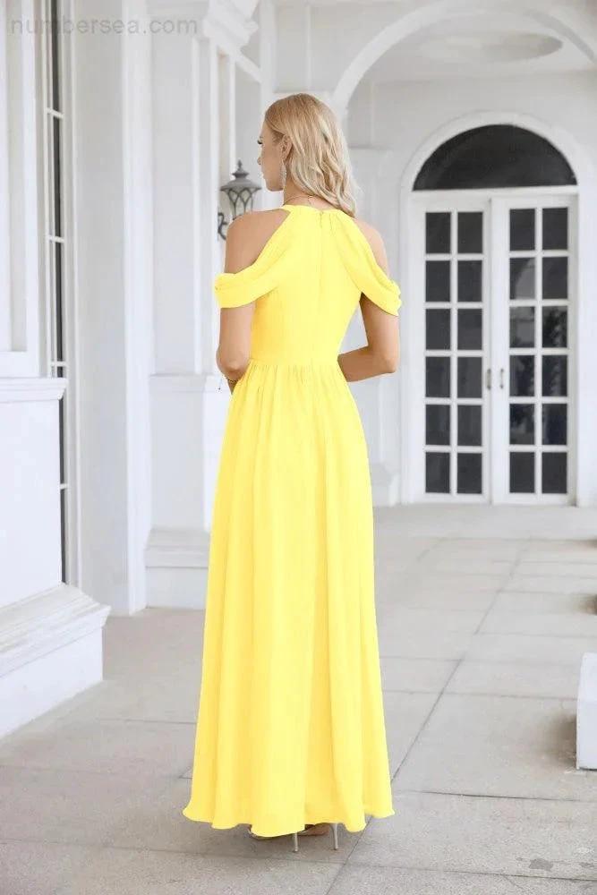 Ladies Chiffon Off Shoulder Swing Sleeve Front Slit Bridesmaid Evening Dress Wedding Party Evening Dress 28117 by numbersea