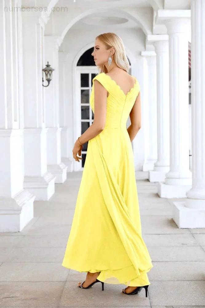 Ladies Chiffon V Neck Sleeveless Floor Length Bridesmaid Evening Dress Wedding Party Evening Dress 28126 by numbersea