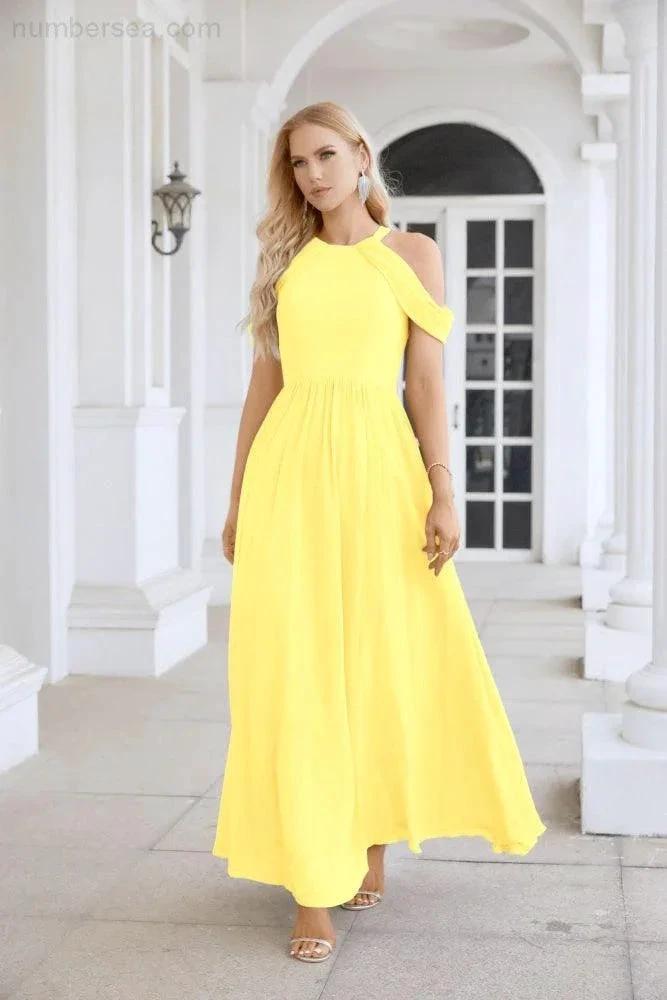 Ladies Chiffon Off Shoulder Swing Sleeve Front Slit Bridesmaid Evening Dress Wedding Party Evening Dress 28117 by numbersea