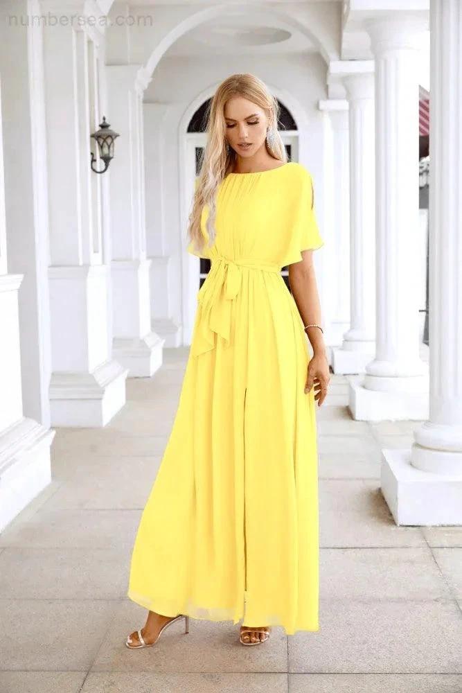 Ladies Chiffon Sleeve Crew Neck Front Slit Floor Length Bridesmaid Evening Dress Wedding Party Evening Dress 28124 by numbersea
