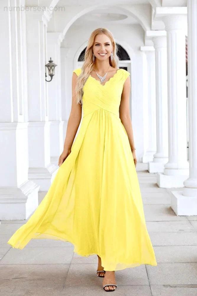 Ladies Chiffon V Neck Sleeveless Floor Length Bridesmaid Evening Dress Wedding Party Evening Dress 28126 by numbersea
