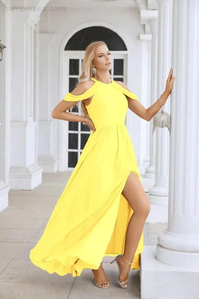 Ladies Chiffon Off Shoulder Swing Sleeve Front Slit Bridesmaid Evening Dress Wedding Party Evening Dress 28117 by numbersea