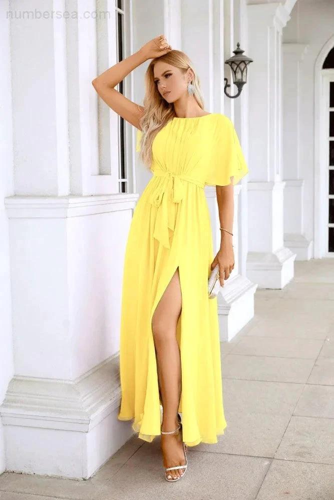 Ladies Chiffon Sleeve Crew Neck Front Slit Floor Length Bridesmaid Evening Dress Wedding Party Evening Dress 28124 by numbersea