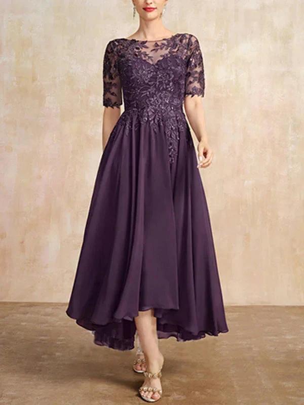 A-line Scoop Illusion Asymmetrical Chiffon Lace Mother of the Bride Dress With Sequins by Dreamylily