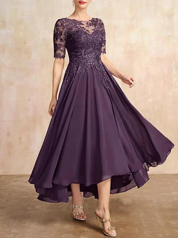 A-line Scoop Illusion Asymmetrical Chiffon Lace Mother of the Bride Dress With Sequins by Dreamylily
