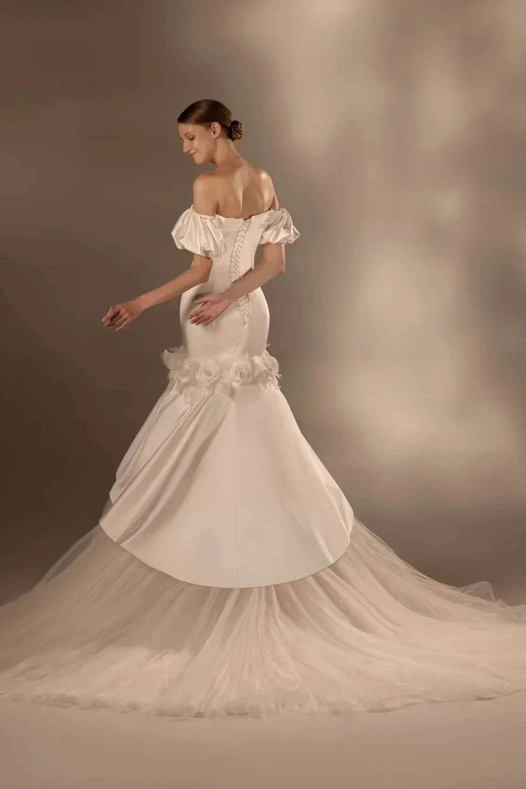 Gorgeous Long Mermaid Off-the-Shoulder Puff Sleeve Satin Wedding Dress with 3D Flower &amp; Lace-Up Back &amp; Tulle Train Q6012 by ZAPDRESS