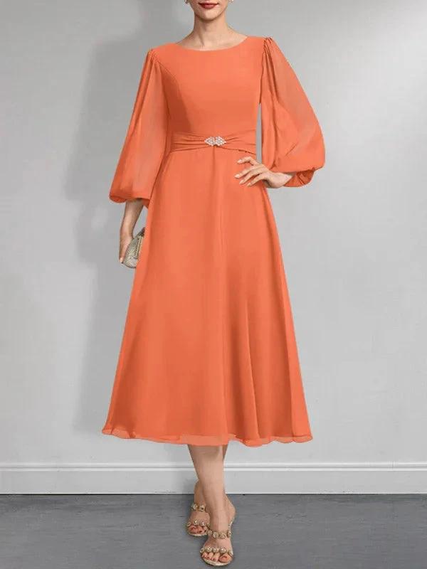 A-line Scoop Tea-Length Chiffon Mother of the Bride Dress With Crystal Brooch Pleated by Dreamylily