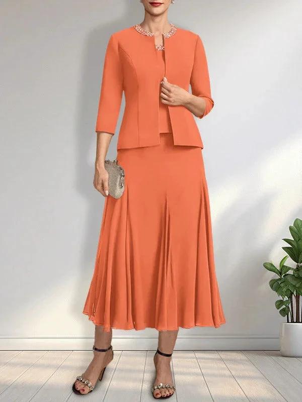 Separates A-line Scoop Tea-Length Chiffon Mother of the Bride Dress With Sequins Beading by Dreamylily