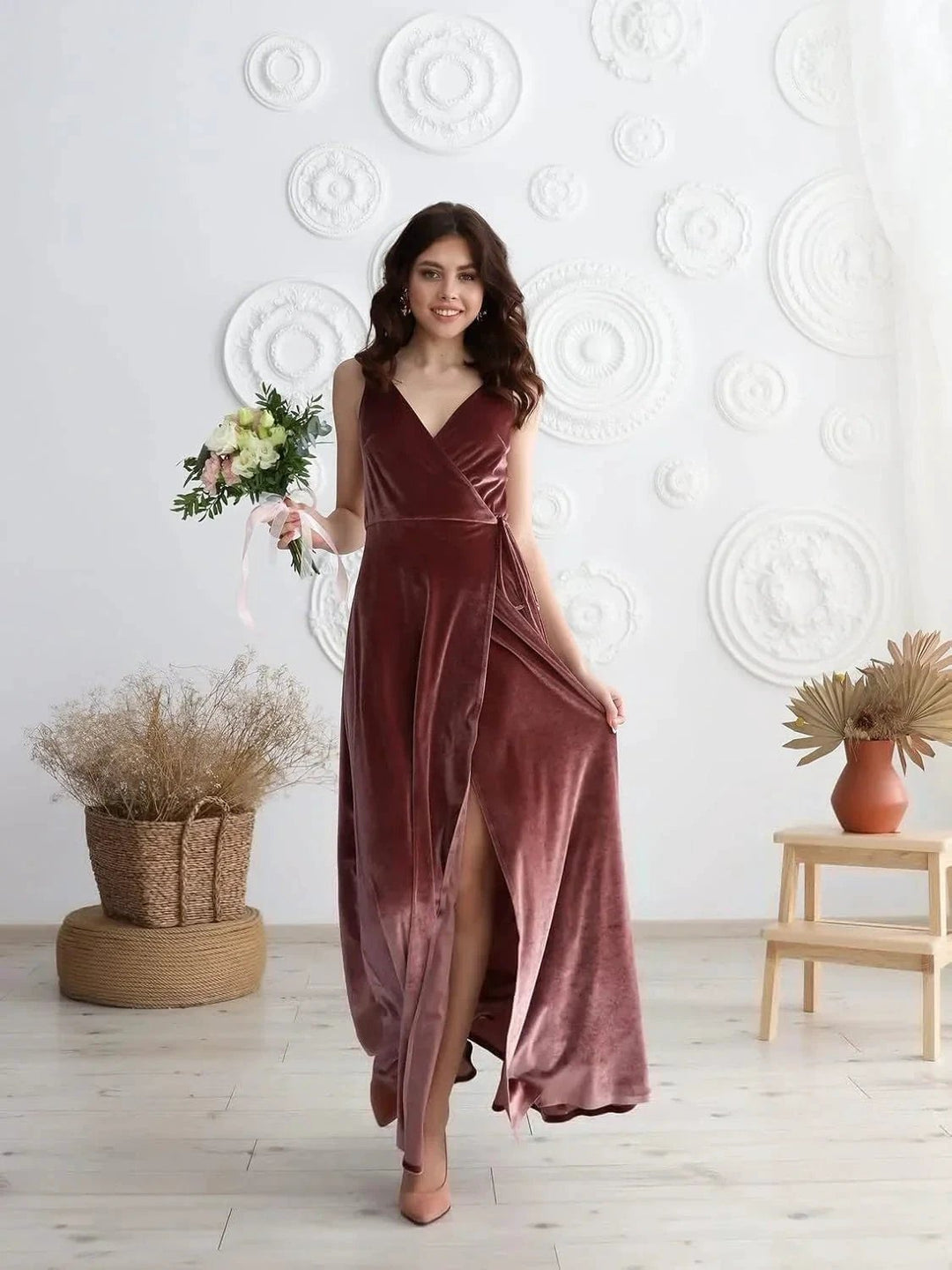 Velvet V Neck Bridesmaid Dress Long Women&