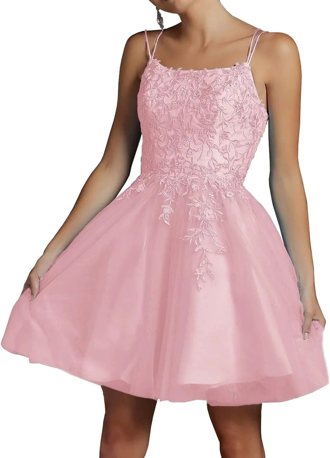 Modest Lace Beaded Tulle Homecoming Dresses Short Square Neck Prom Dress Spaghetti Straps Party Gown by Sunnderly